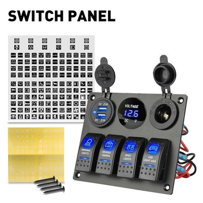 for 12V Car Marine Cigarette Lighter Plug 4 Gang Switch Panel Blue LED Voltmeter