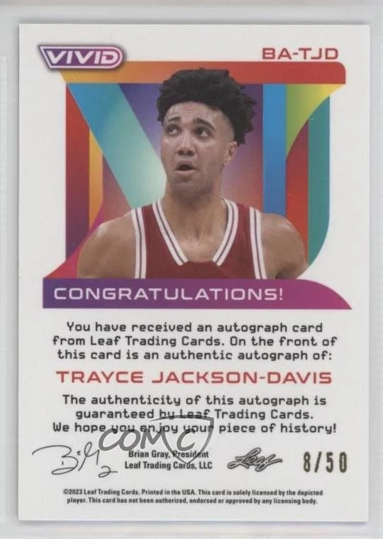 2022-23 Leaf Vivid /50 Trayce Jackson-Davis #BA-TJD Auto - Image 2 of 2