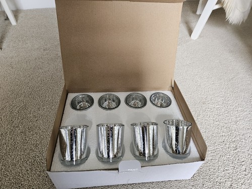 8 Tea Light Holders Glass & Silver Patina