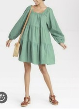 Universal Thread Women's S Green Cotton Tiered Dress Balloon Sleeve Square Neck