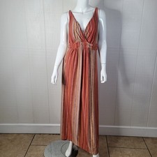 Women's Soma Maxi Dress Sz LARGE Red Orange Striped Sleeveless V Neck 