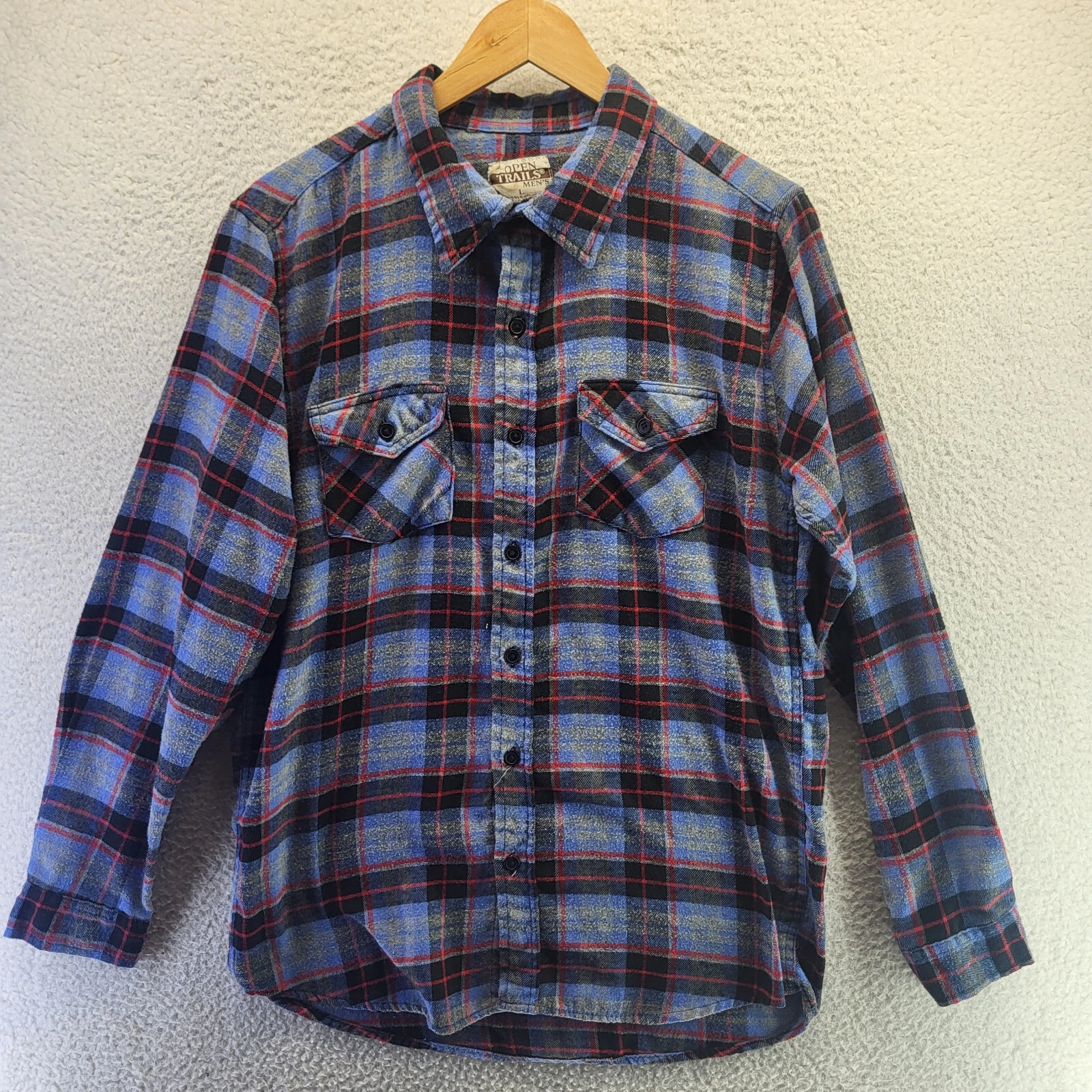 Open Trails Flannel Shirt Mens Large Blue Black Red Plaid Outdoors VTG Soft