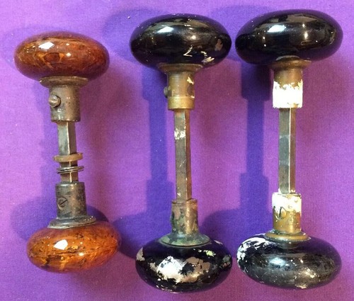 3 Sets Used Vintage Doorknobs With Spindles 2 Black 1 Brown Marbleized - Picture 2 of 4