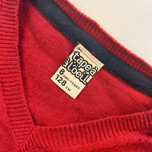 French Tap a L'oeil Kid Solid Red Elbow Patches Cotton V Neck Sweater 8y NWoT - Picture 2 of 6
