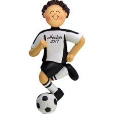 Personalized Christmas Ornament - Brunette Male Soccer Player in Black Uniform