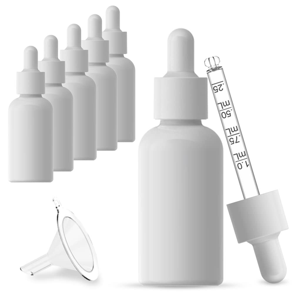 1oz White Coated Eye Glass Dropper Bottles (30ML) with White Cap and Pipettes...