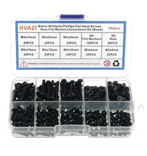 Metric M3 Nylon Phillips Pan Head Screws Nuts Flat Washers Assortment Kit (Black