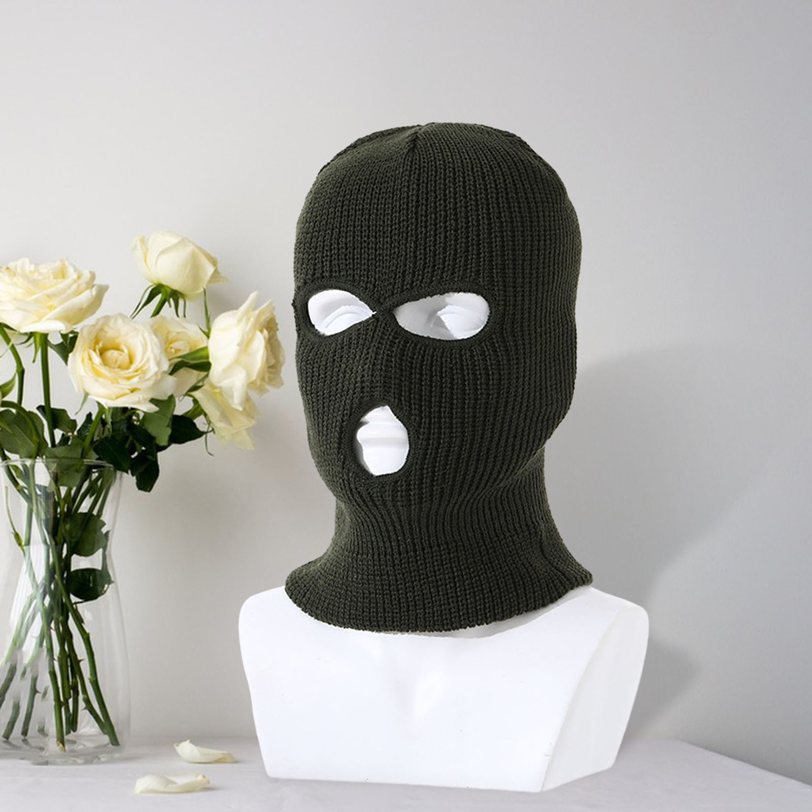 Winter Men Hat Solid Color Men's Ribbed Beanie Balaclava with Face