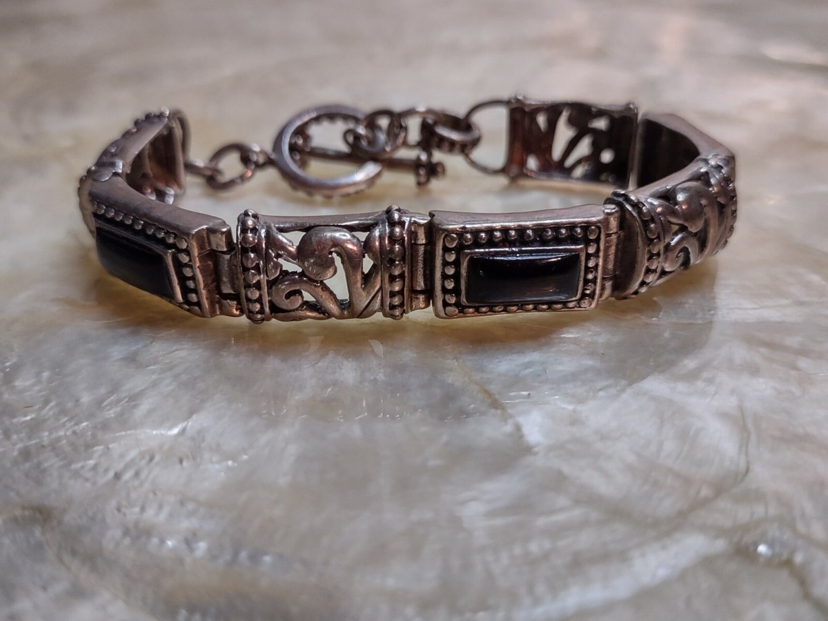 Vintage Sterling Silver & Onyx panel bracelet toggle clasp 7