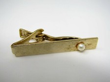 Faux Pearl Tie Clip for Men Vintage Jewelry Gold Tone