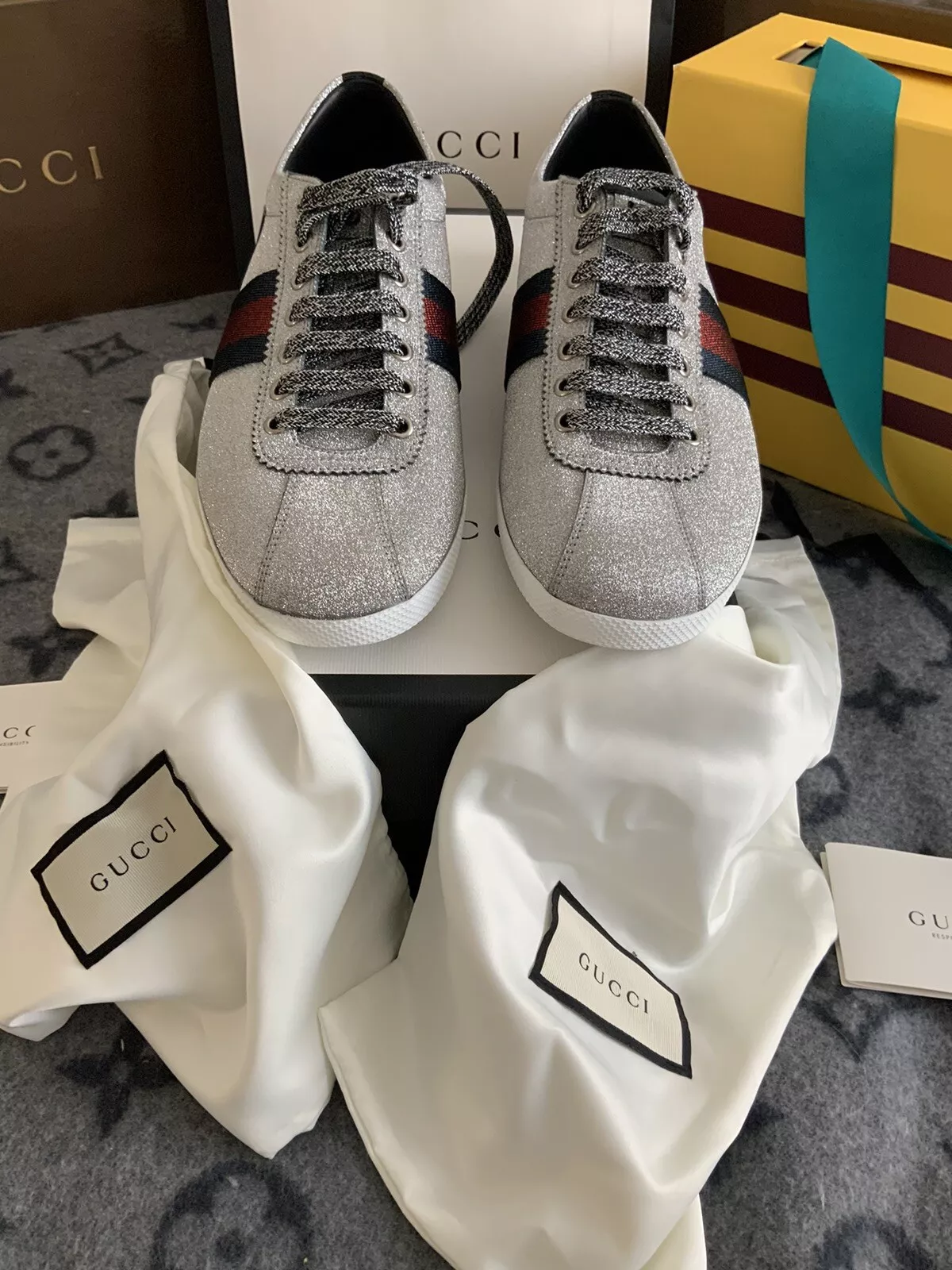 BASKETS HOMME GUCCI BAMBI GLITTER STUD ARGENT NEUF US 10