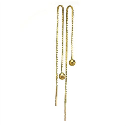 9ct Gold 3mm Ball Pull Through Box Chain Earrings 7cm Chain Drop - Picture 2 of 3