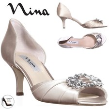 NINA CHARISA IVORY SATIN CRYSTAL Kitten Heel Pumps, Wedding Bridal Dress Shoes 7