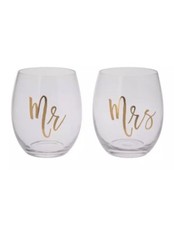 NEW Ganz Stemless Wine Glass Set - Mr Mrs ER49730 Wedding Gift Gold