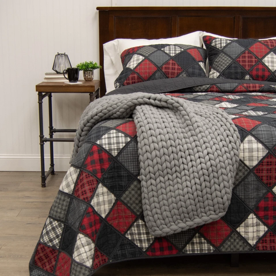 Donna Sharp Lumberjack Cotton Pieced Rag King Quilt Set Patchwork Rustic Country - Image 3 of 4