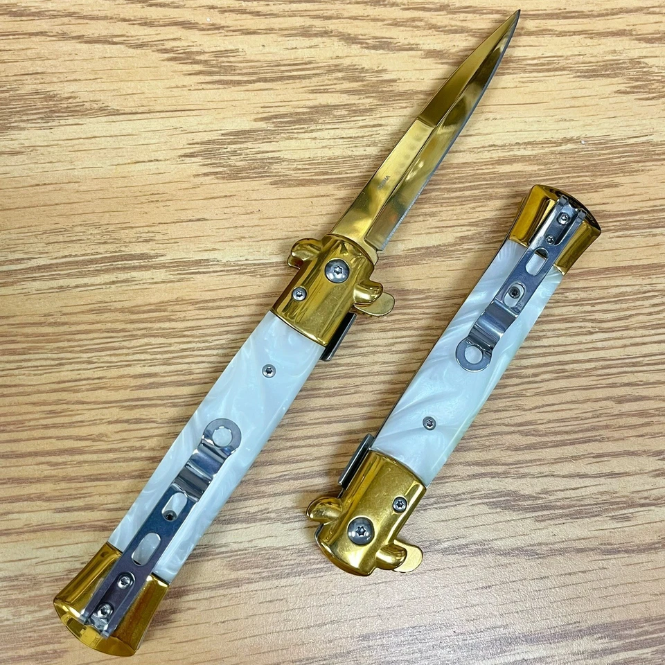 Navaja de Bolsillo Plegable EDC Hoja Abierta Asistida por Resorte Blanco Dorado Táctico 9" Regalo Foto 2 de 4