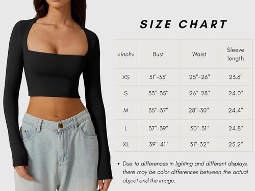 Women's Sexy Square Neck Crop Top Long Sleeve Slim Fit Cropped T Shirts - Picture 61 of 67