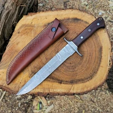 HANDMADE LARGE DAMASCUS HUNTING KNIFE WITH LEATHER SHEATH, FIXED BLADE BOWIE