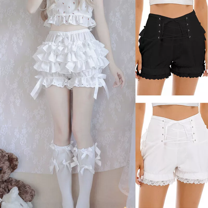 Women Girls Cute Lolita Shorts Lace Trim Layered Ruffle Bloomers Bow-knot  Bottom