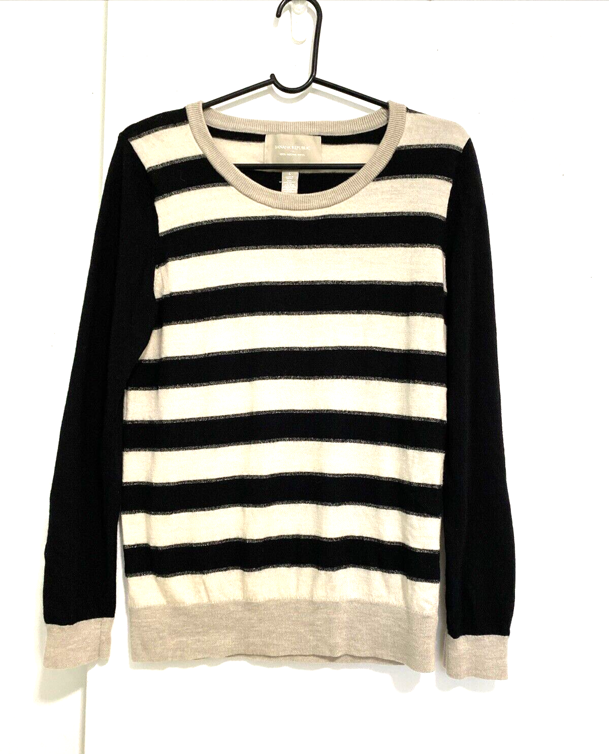 Banana Republic Womens L Italian Merino Wool Beige Black Striped Sweater