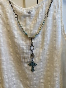 Long 22 Inch Drop Multi Real Stones Necklace W Faux Patina Cross