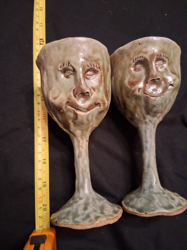 Really Ugly But Cool Set Of Handmade Face Goblets Coil Pottery 6.25"
