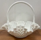 Fenton Hobnail Large Milk Glass Basket 11 Inch Diameter Ruffled Crimped