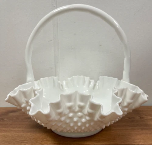 Fenton Hobnail Large Milk Glass Basket 11 Inch Diameter Ruffled Crimped