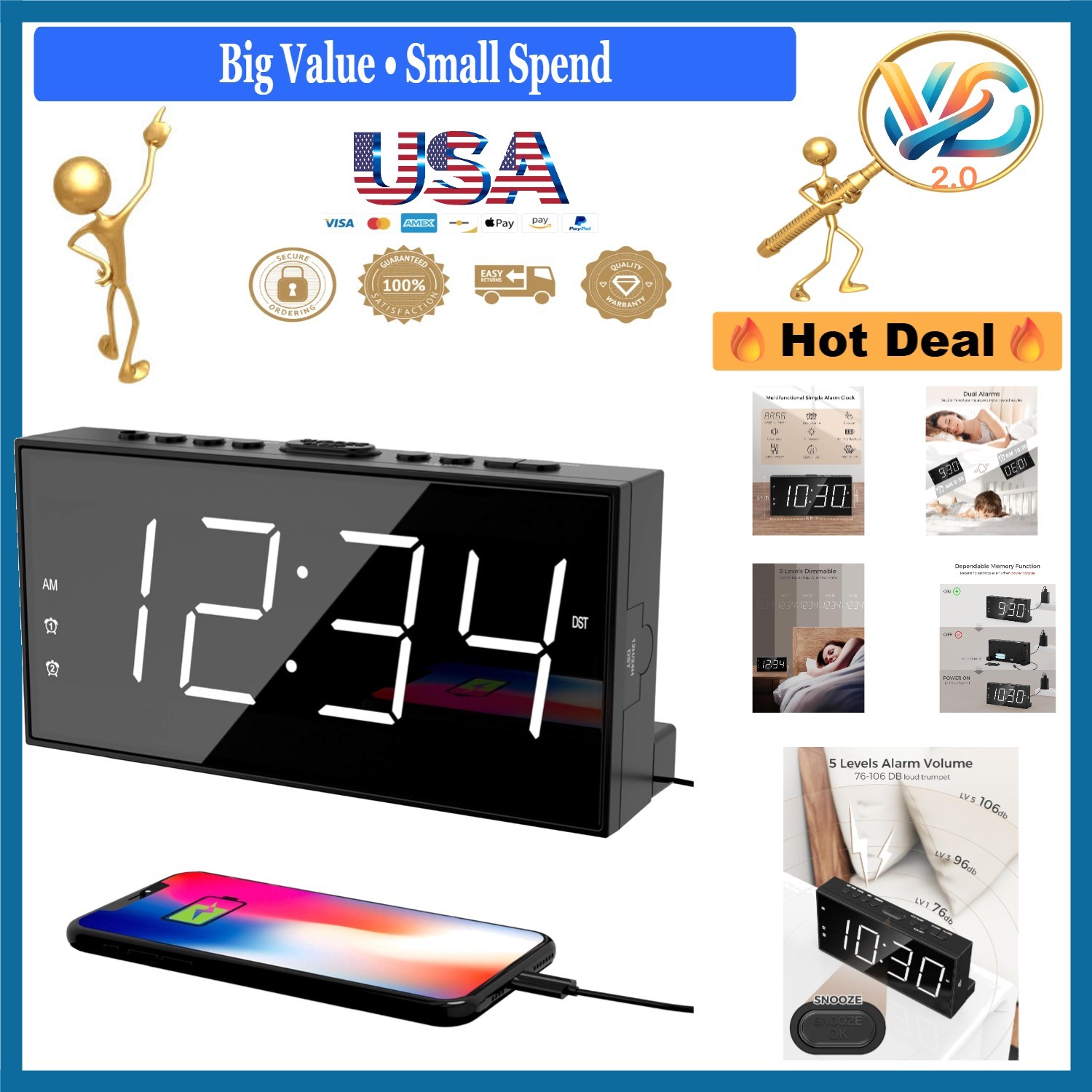 With 2 Alarms Large Led Display Usb Charging Dimmer Sleep...