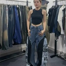 American Contrasting Letter Splicing Curved Knife Jeans For Women