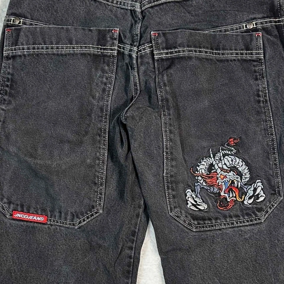 JNCO Jeans Embroidered Dragon Black Denim Pants Wide Leg Y2K VTG Youth Size 16 - Image 3 of 4