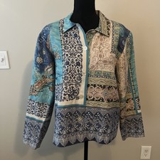 Coldwater creek Patchwork Jacket Silk Ramie Lined Long Sleeves Button Large