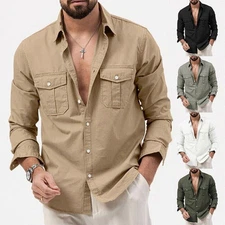 Mens Soft Cargo Shirt Casual Cotton Long Sleeve Tops Army Blouse Pockets Shirts