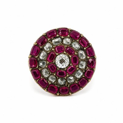 Viktorianischer Ring Gold & Silber GIA Old Mine Burma Rubin & Diamant Zielscheibe Platte