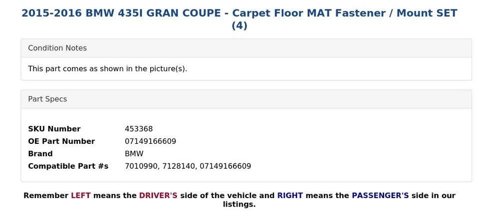 2015-2016 BMW 435I GRAN COUPE - Carpet Floor MAT Fastener / Mount SET (4) - Image 2 of 2