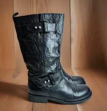 Coach Virginia Leather Embossed Monogram Logo Riding Boots 5 Black Moto Biker