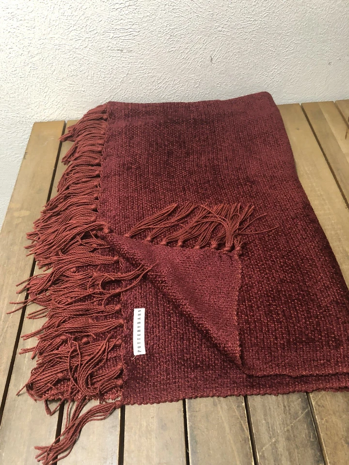 Pottery Barn Solid Burgundy Chenille Fringed 58x72” Throw Blanket EUC - Image 4 of 4
