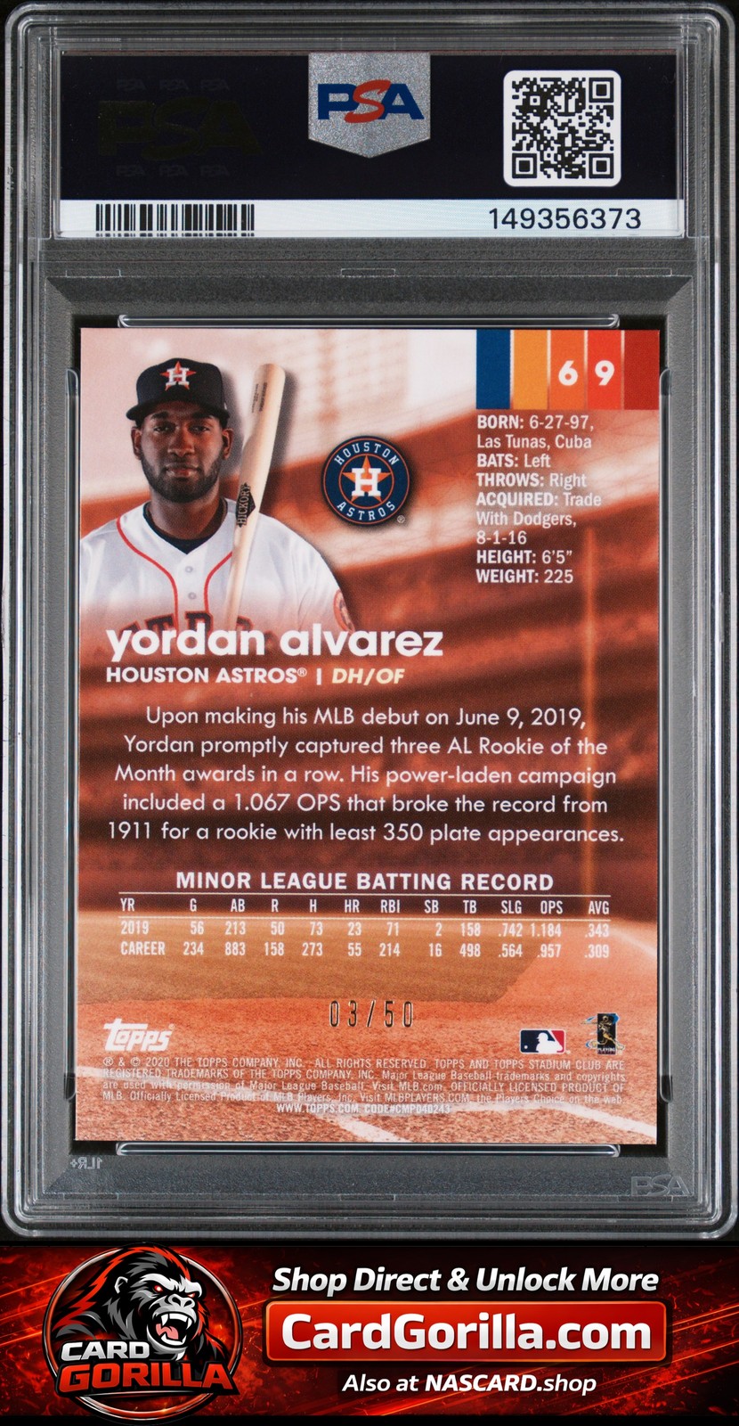 2020 Stadium Club Chrome #69 Yordan Alvarez RC Gold Refractor #/50 PSA 10 view 2