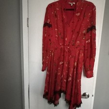Derek Lam 10 Crosby Red 100%  Silk Lined Floral midi Dress Long Sleeve Size 10