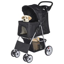 Pet Dog Stroller Travel Carriage 4 Wheels w/Foldable Carrier Cart  Cup Holder