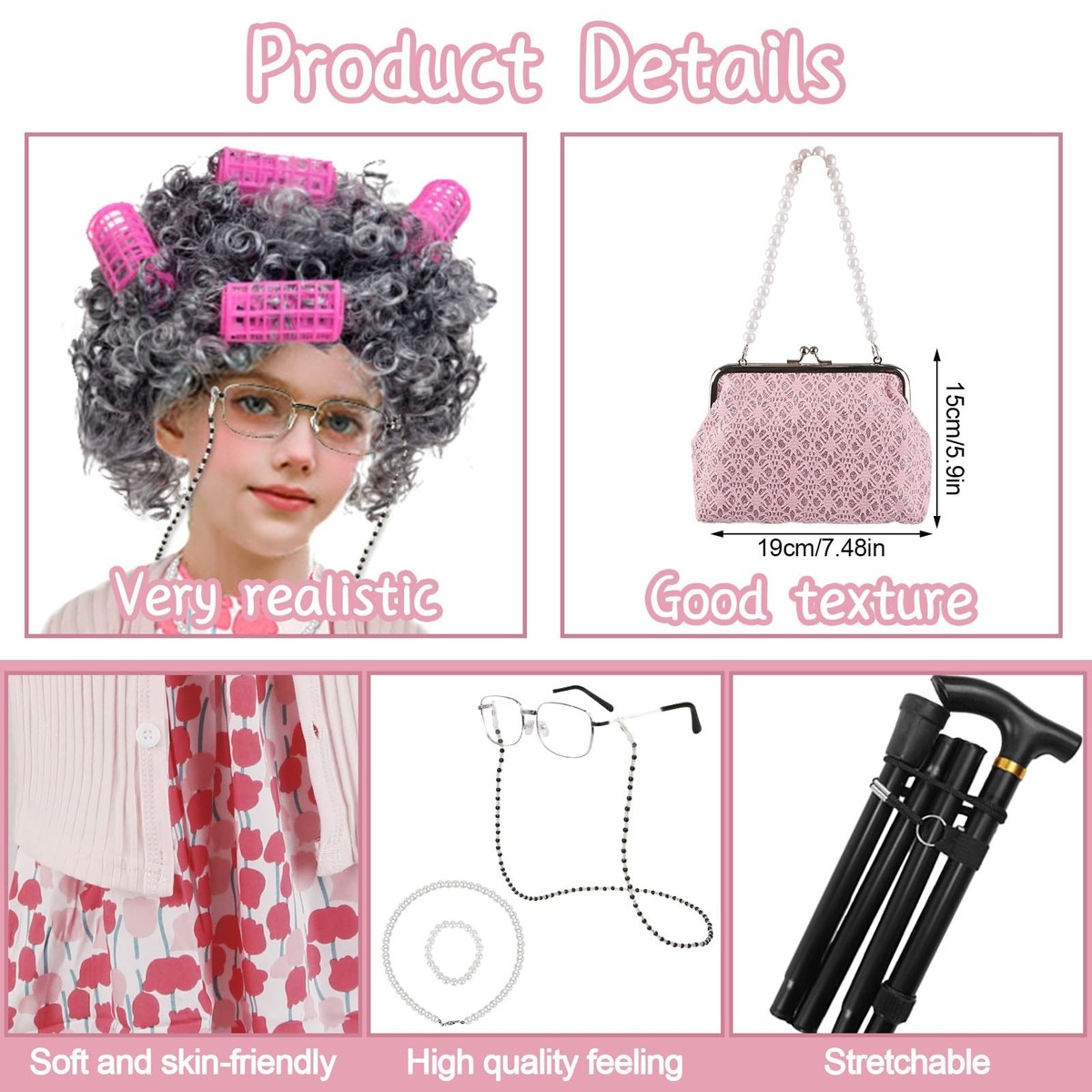 Kid's 100th Day Of School Costume - Old Lady Granny Outfit With Wig, Glasses, Cane & Accessories - View #10