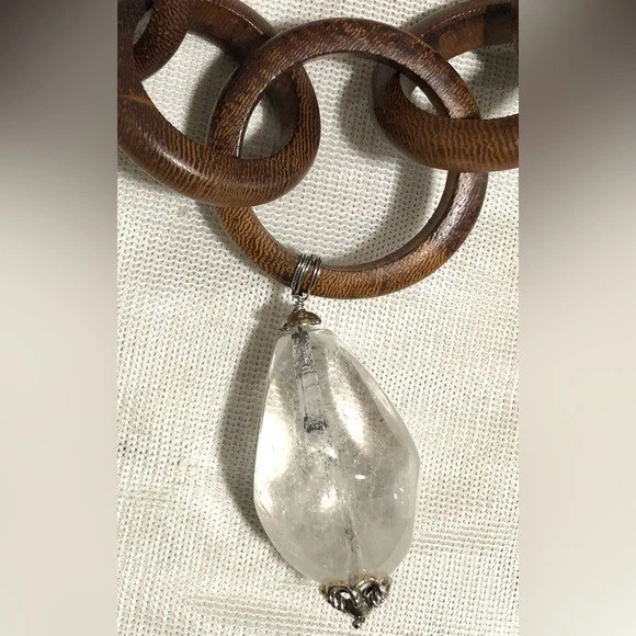 Brighton Chainmail Necklace Brown Wood Links with Crystal Quartz Pendant - Image 4 of 4