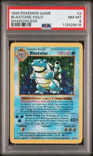 1999 POKEMON BASE SET SHADOWLESS #2 BLASTOISE-HOLO PSA 8