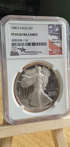 1986 S 1oz AMERICAN PROOF SILVER EAGLE COIN NGC PF69  JOHN MERCANTI HAND SIGNED