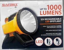 Sunforce 12V Rechargeable LED spotlight. 350 Lumens/Lo  1000 Lumens/Hi Brand New