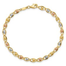 14k Gold TriColor 3 Tone Rose White Pink Yellow Fancy Beads Link Dainty Bracelet