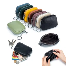 Genuine Leather Mini Coin Purse with Key Chain Change Pouch Cards Holder Wallet