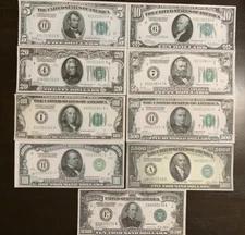 Reproduction 1928 Federal Reserve Note Set $5 -$10,000 Read Description Below!!