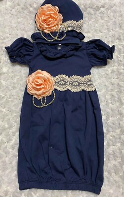 Take Me Home Baby Outfit Navy Victorian Gown and Hat Set