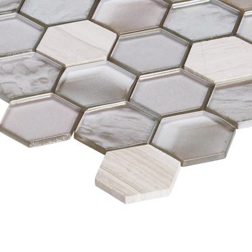 Hexagon Gray White Oak Marble Stone Gray Metallic Glass Mosaic Tile Backsplash - Picture 5 of 6